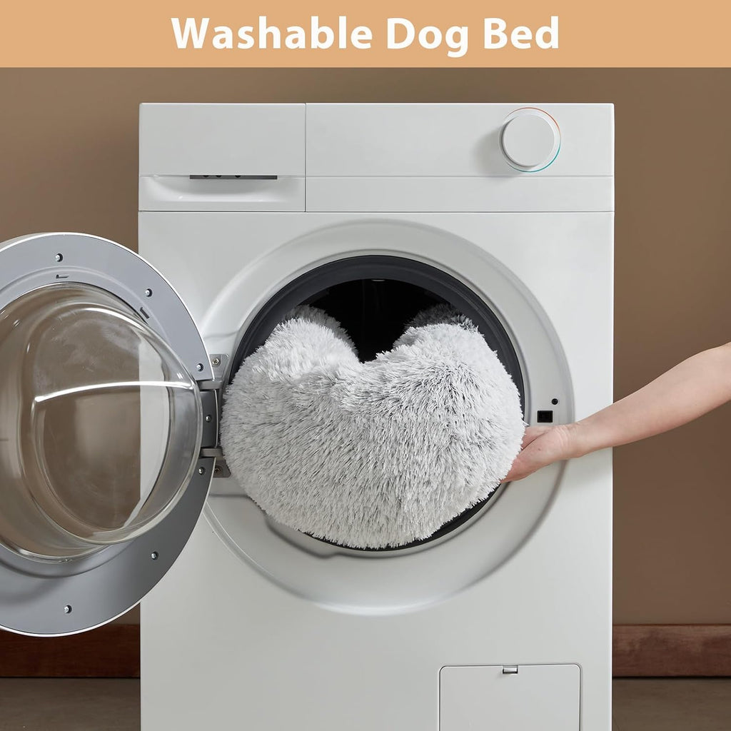 Calming Dog Bed Cat Bed Donut, Faux Fur Pet Bed Self-Warming Donut Cuddler, Comfortable round Plush Dog Beds (24 X 24 Inch, Light Grey)