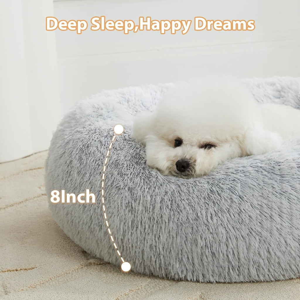 Calming Dog Bed Cat Bed Donut, Faux Fur Pet Bed Self-Warming Donut Cuddler, Comfortable round Plush Dog Beds (24 X 24 Inch, Light Grey)